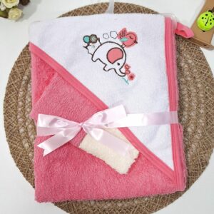 TOALLA C/CAPUCHA ROSA CON ELEFANTE Y PAJARITO