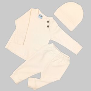 Set 3pzas Beis Chambrita c/3botones-Gorrito-Pantalon c/puño