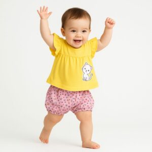 Set 3pzas niña Gatita Blusa+Body+Short algodon