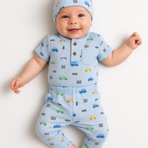 Set 3pzas Body+Pantalon+Gorro carro Celeste T: 0/3-3/6-6/9-9/12