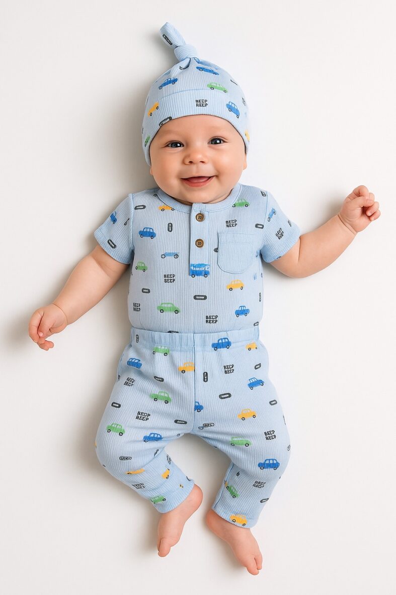 Set 3pzas Body+Pantalon+Gorro carro Celeste T: 0/3-3/6-6/9-9/12